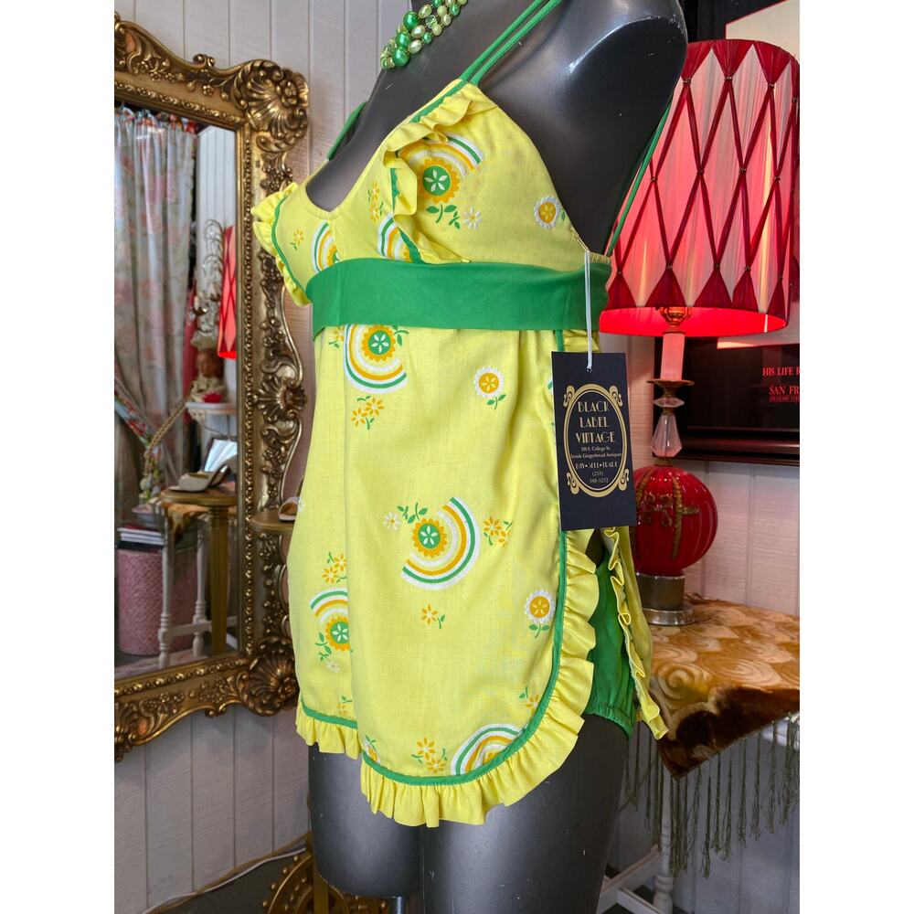 vintage 1960s 2 piece swimsuit 60s mod bathing suit xs yellow flocked cotton 32